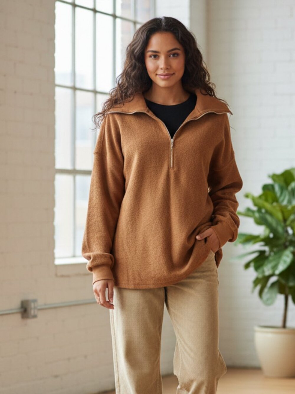 Sage Collective ¾ Zip Shirt Brown Med
